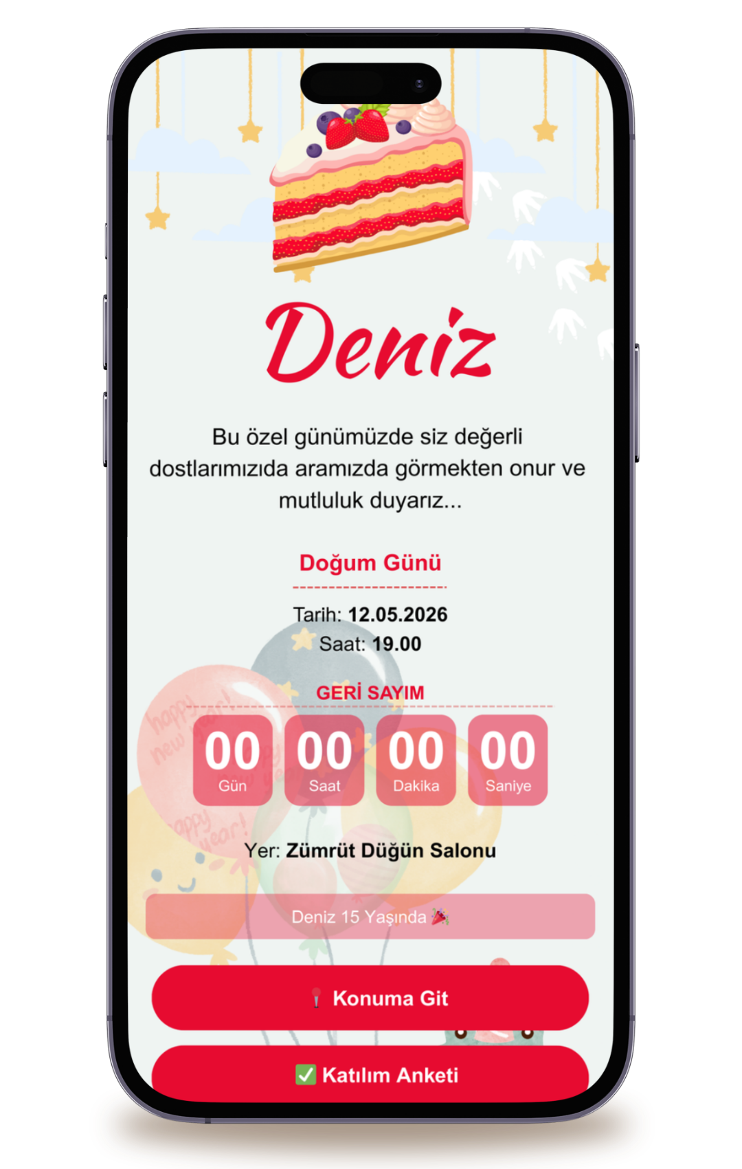 Cake Dijital Doğum Günü Davetiyesi + Karşılama Posteri