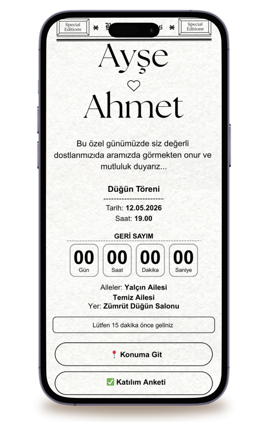 Times Dijital Davetiye+ Karşılama Posteri Hediyeli